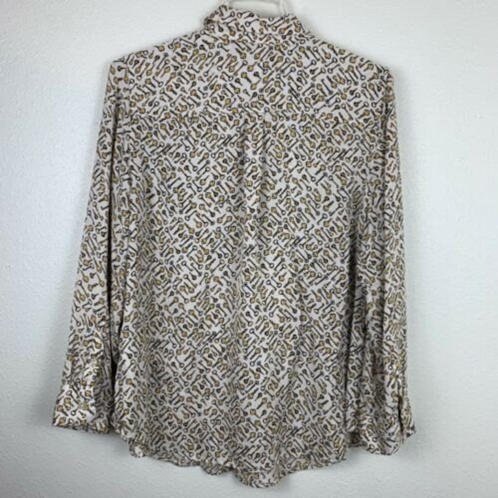 Chico’s 2 Large Novelty Print Keys Long Sleeve Collared Button Up Blouse Yellow - Picture 3 of 12